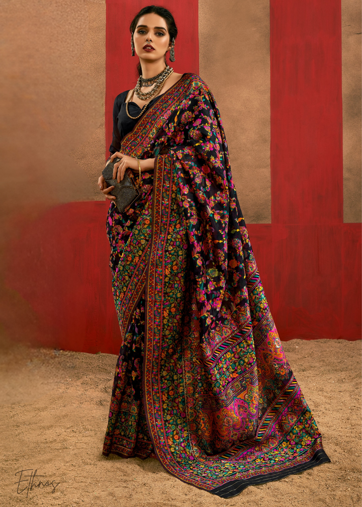 Noir Black with Multicolour Kashmiri Floral Weave Saree