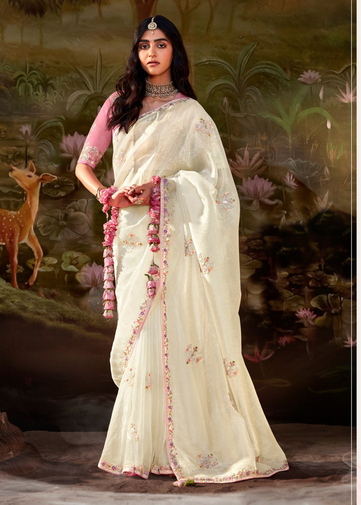 Pink And White Saree With Embroidery And Handwork Designer Cut Border