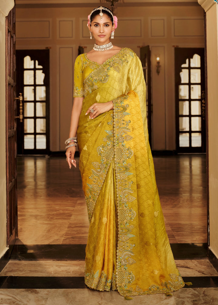 Mustard Yellow With Blue-Grey Embroidery Silk Saree