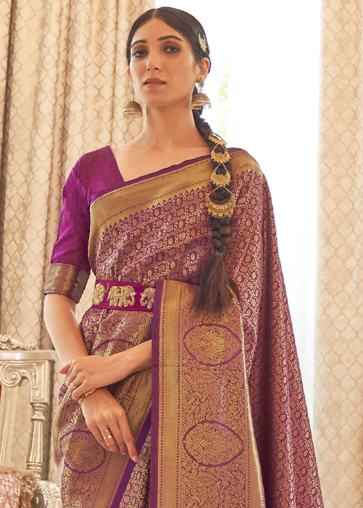 Irish Purple Zari Woven Kanjivaram Silk Saree with Tassels on Pallu