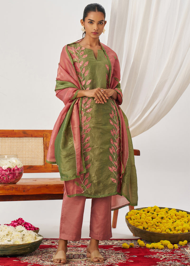 Salmon Pink Silk Pant Suit With Embroidery Work