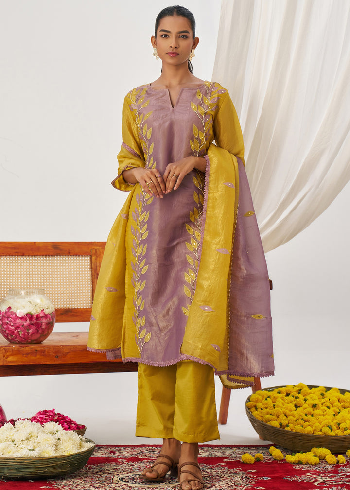 Mustard Yellow Silk Pant Suit With Embroidery Work