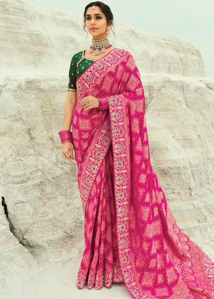 Hot Pink Georgette Bandhej Saree With Moti & Cut-Dana Handwork Border