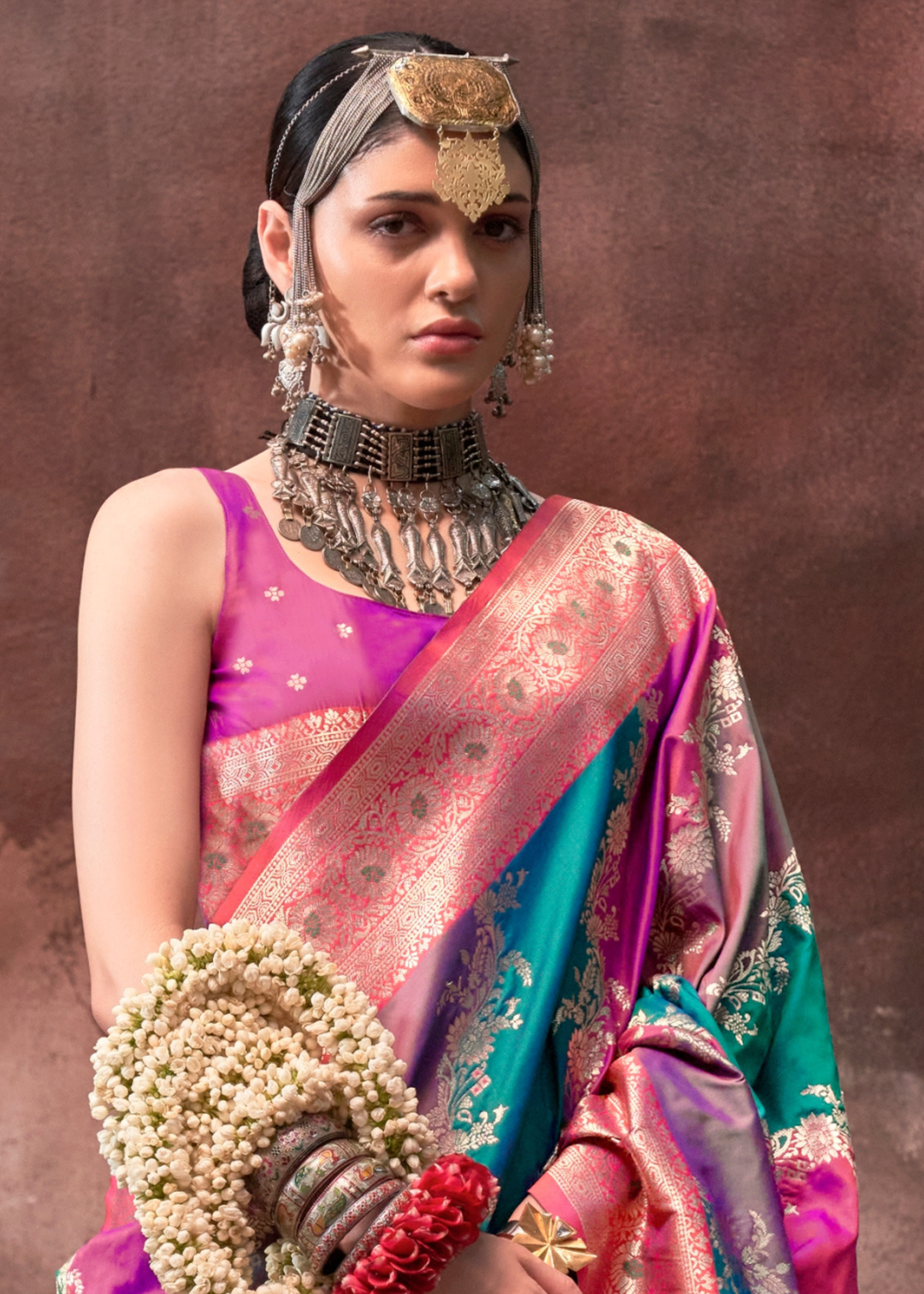 Blue & Pink Rangkaat Handloom Silk Saree