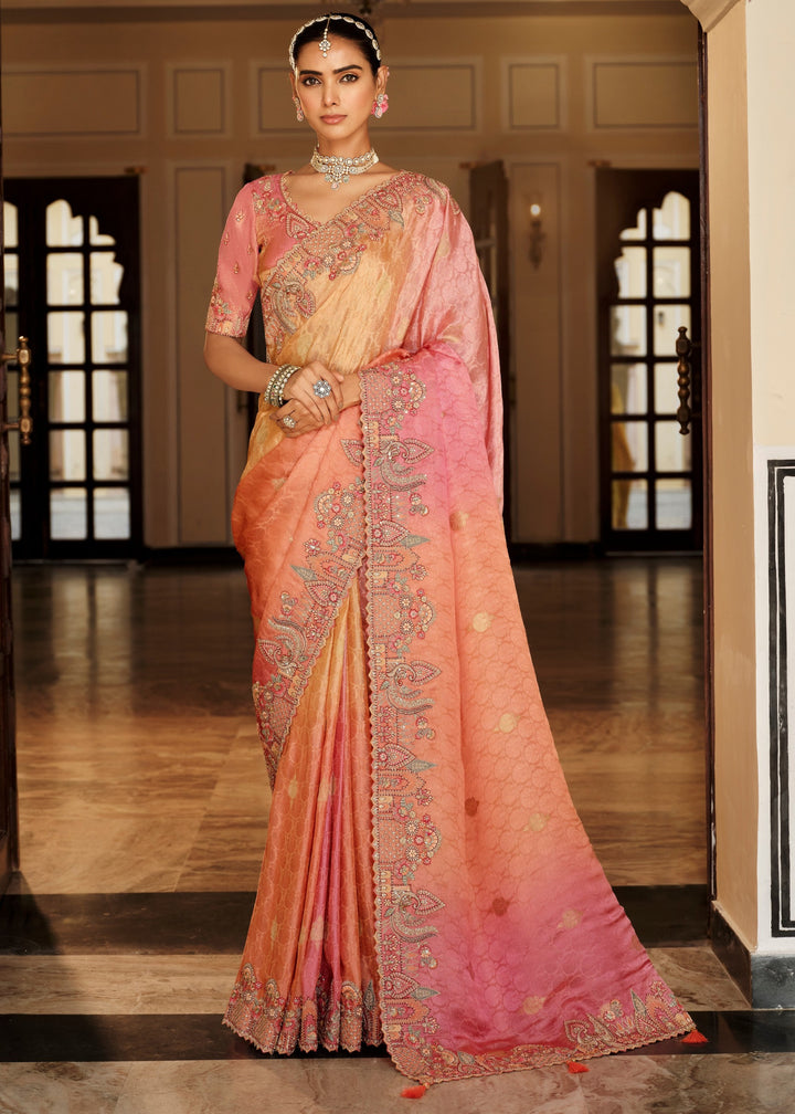 Peach & Coral Ombre With Silver-Grey Embroidery Silk Saree