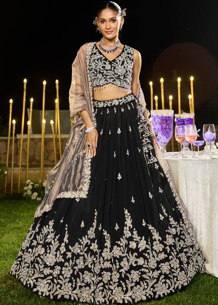 Black Satin Silk Lehenga Choli with Beads & Sequince Embroidered