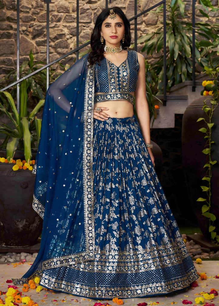 Dove Blue Sequins and Zari Embroidery Work Silk Lehenga