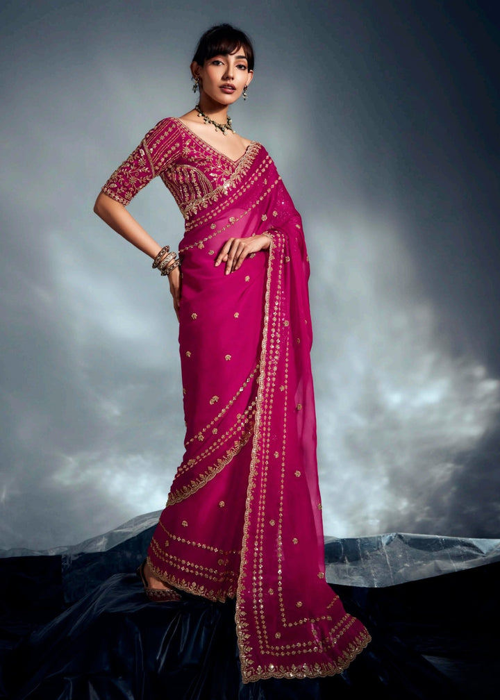 Cerise Pure Fancy Saree with Hand Worked Border
