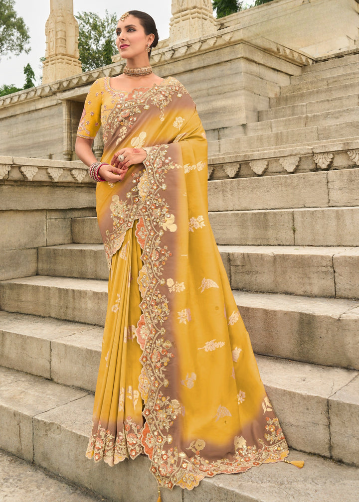 Saffron Silk Saree With Embroidery Cut and Butti Work