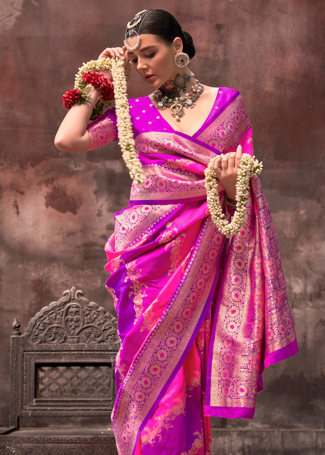 Pink & Purple Rangkaat Handloom Silk Saree