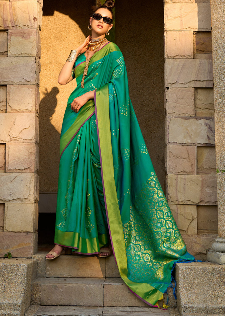 Bright Green Handloom Weaving Satin Silk Saree