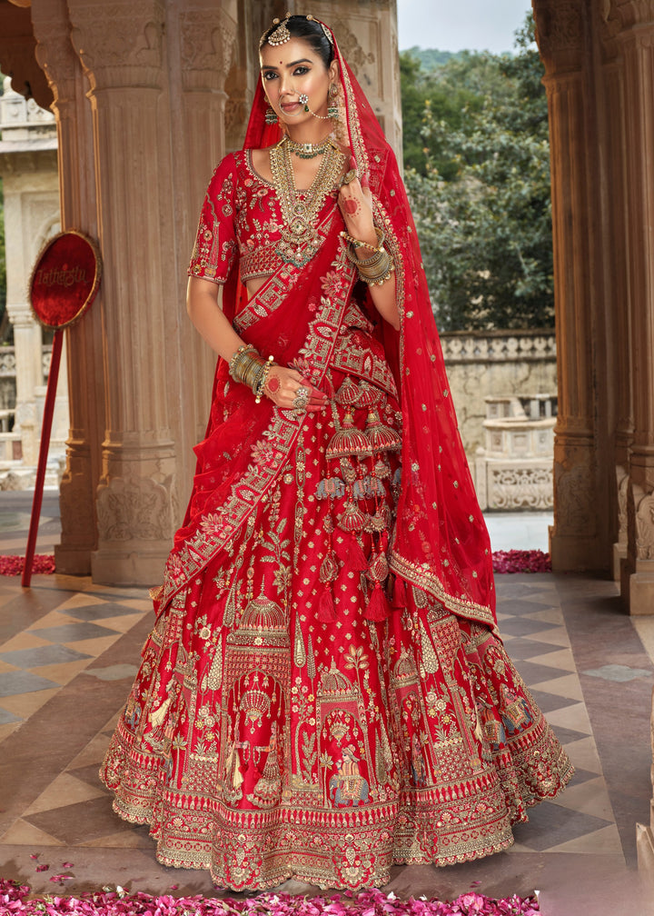 Cherry Red Heavy Bridal Silk Lehenga With Khatli And Embroidery Work
