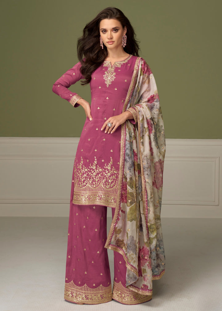 Smitten Pink Palazzo Silk Suit With Floral Dupatta
