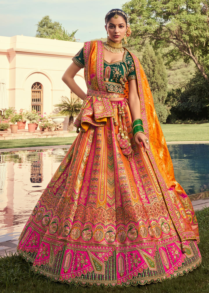 Tangerine Orange Banarasi Silk Lehenga With Golden zari work