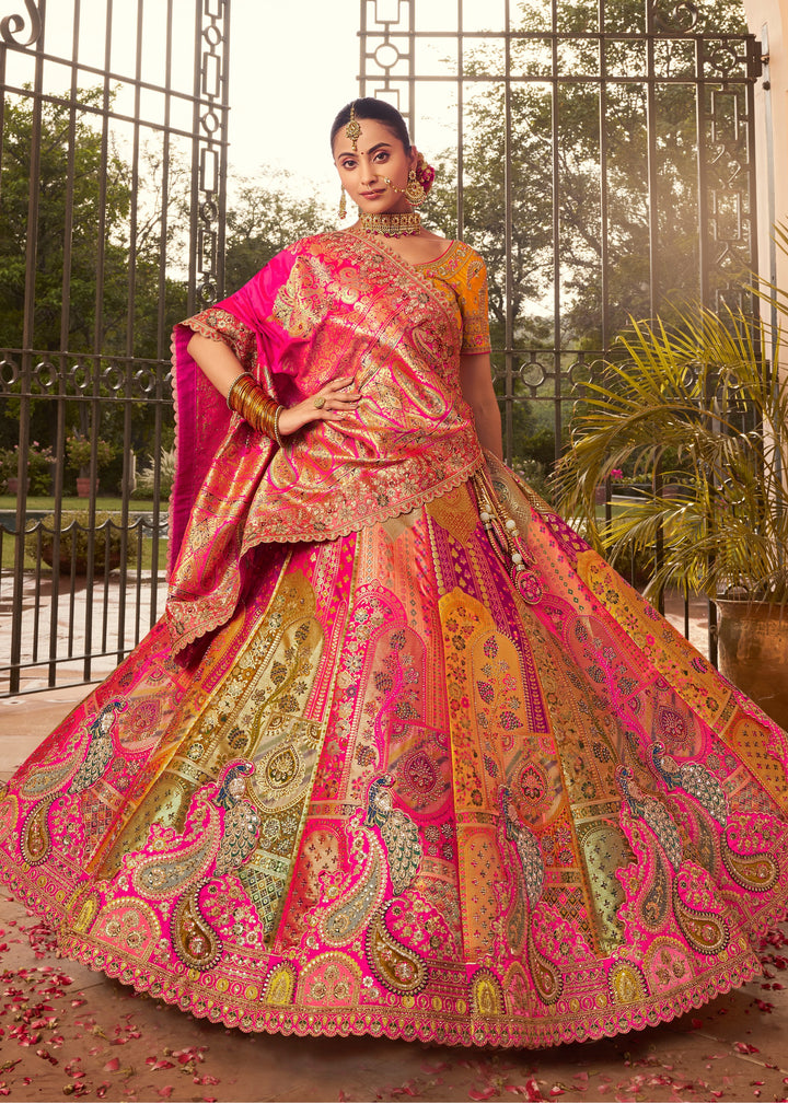 Hot Pink Base Banarasi Silk Lehenga With Gold Brocade And Golden Zari Work