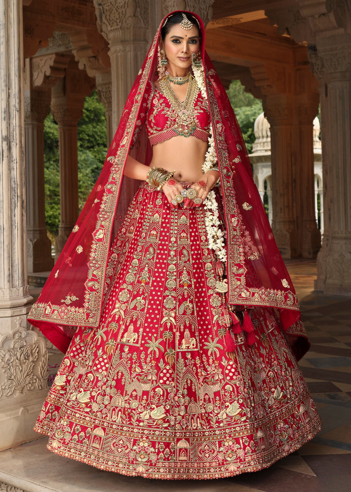 Currant Red Heavy Bridal Silk Lehenga With Khatli And Embroidery Work