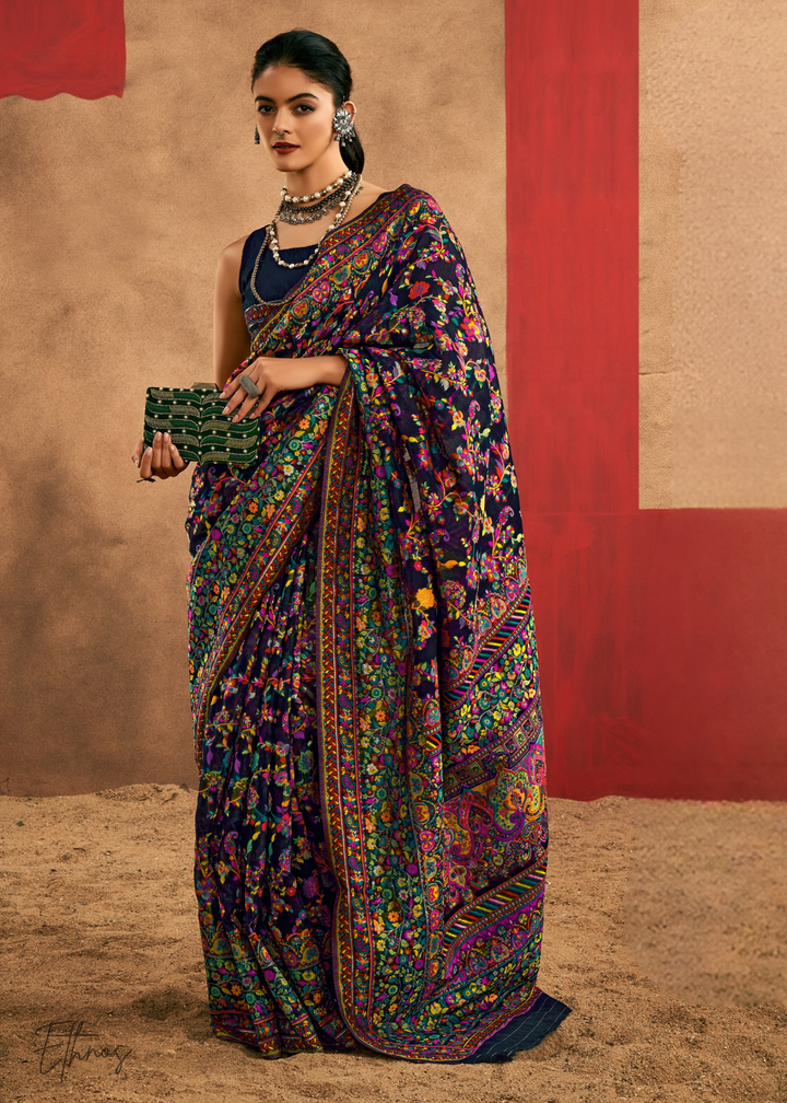 Aubergine Purple with Multicolour Kashmiri Floral Weave Saree