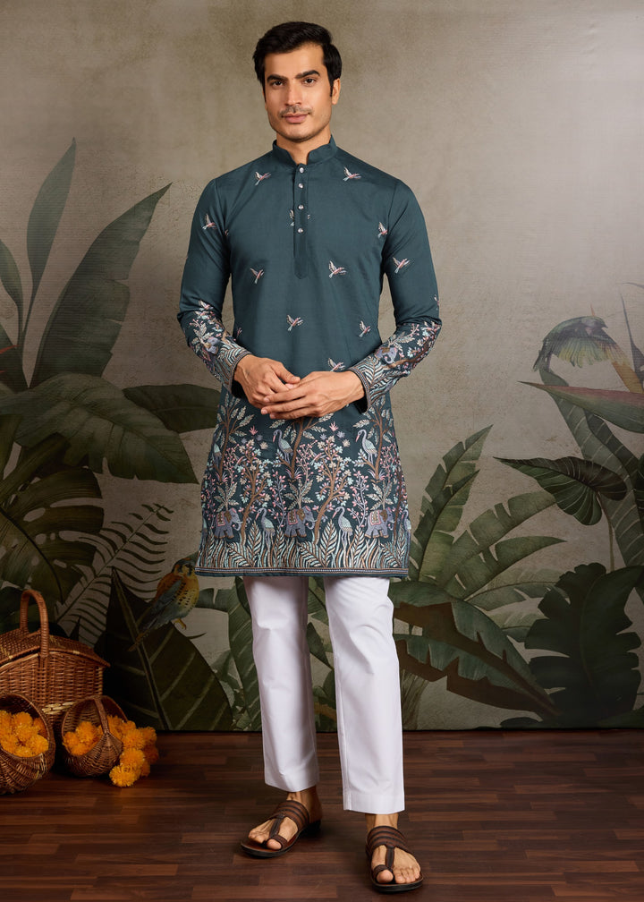 Deep Teal Green Mens Silk Kurta with Pant