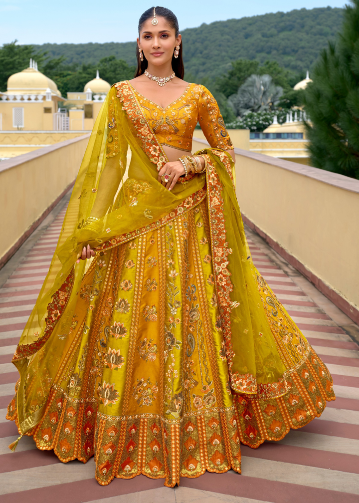Marigold Yellow Silk Lehenga With Cut Work Border And Embroidery