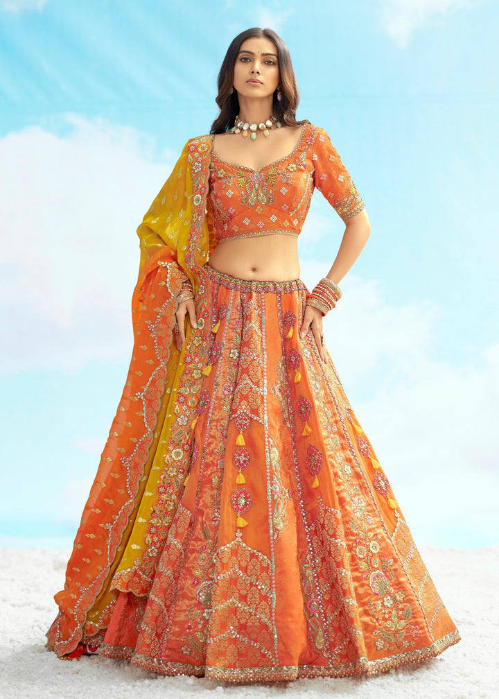Orange and Yellow Silk Lehenga With Cut Work Border