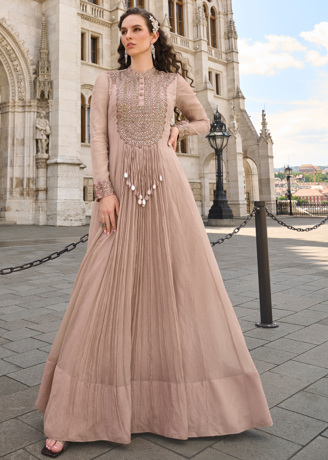 Dusty Rose Chinon Silk Gown with Dupatta