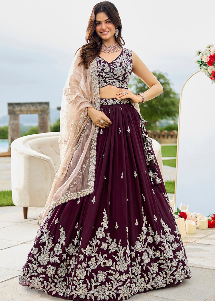 Wine Satin Silk Lehenga Choli with Beads & Sequince Embroidered