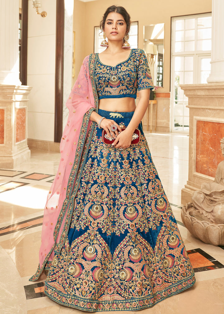 Dark Blue Velvet Lehenga Choli With Thread & Zari Embroidery Work