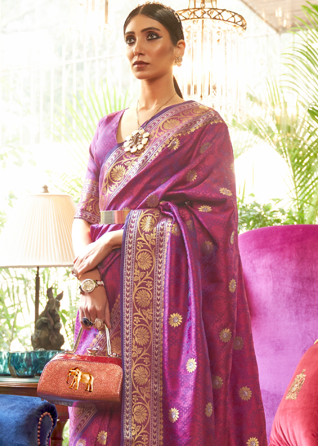 Fandango Purple Kanjivaram Silk Saree Woven with Silver & Golden Zari