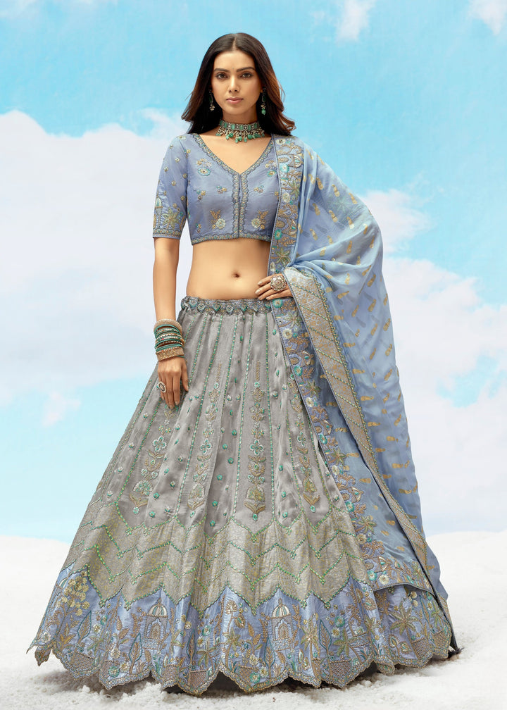 Grey Silk Lehenga With Cut Work Border