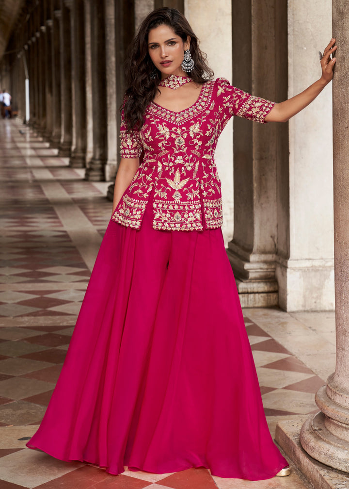 Fluorescent Pink Organza Silk Palazzo Suit With Designer Dupatta