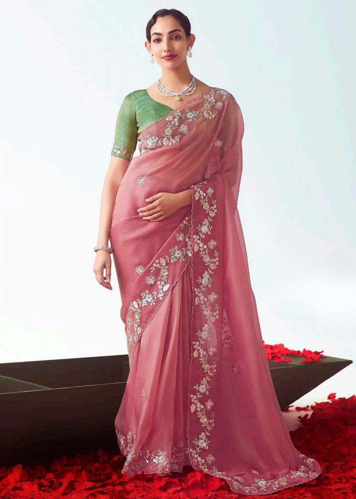Brink Pink Fancy Fabric Silk Saree With Hand Embroidered Work And Cut Work Border