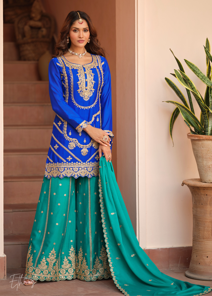 Royal Blue And Teal Green Silk Salwar Suit