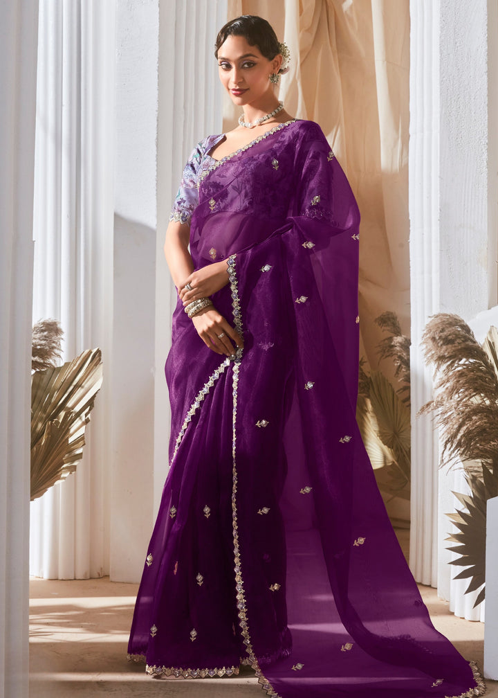 Grape Purple Fancy Silk Saree With Printed Blouse