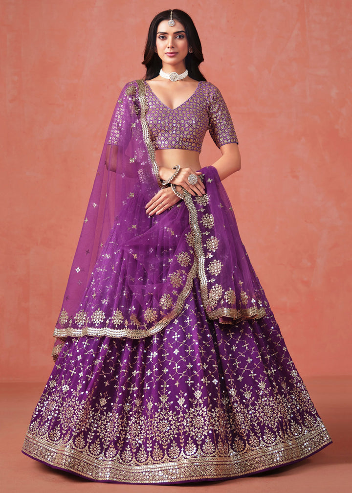Purple Sequins Zari Embroidered Work Georgette Lehenga