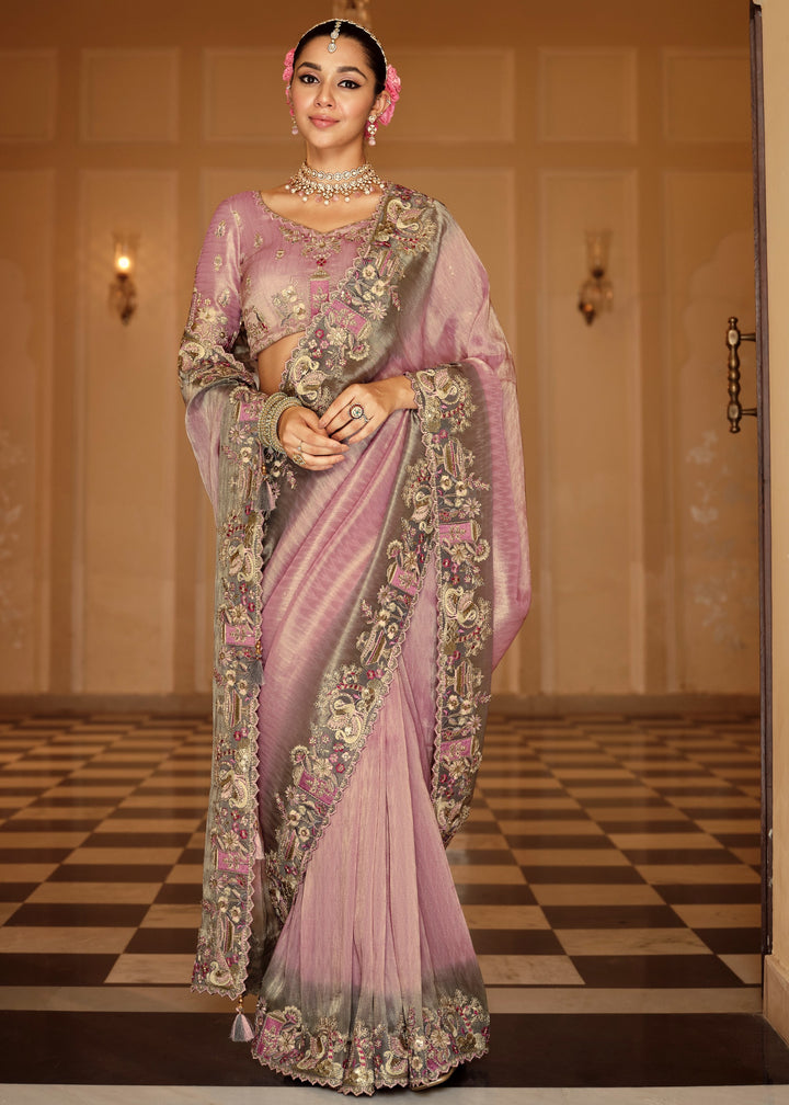 Lavender Mauve with Silver-Grey embroidery Silk Saree