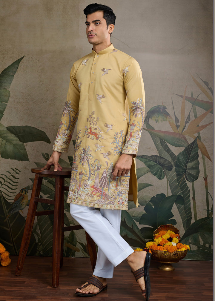 Yellow Viscose Mens Kurta With Unique Embroidery : Top Pick