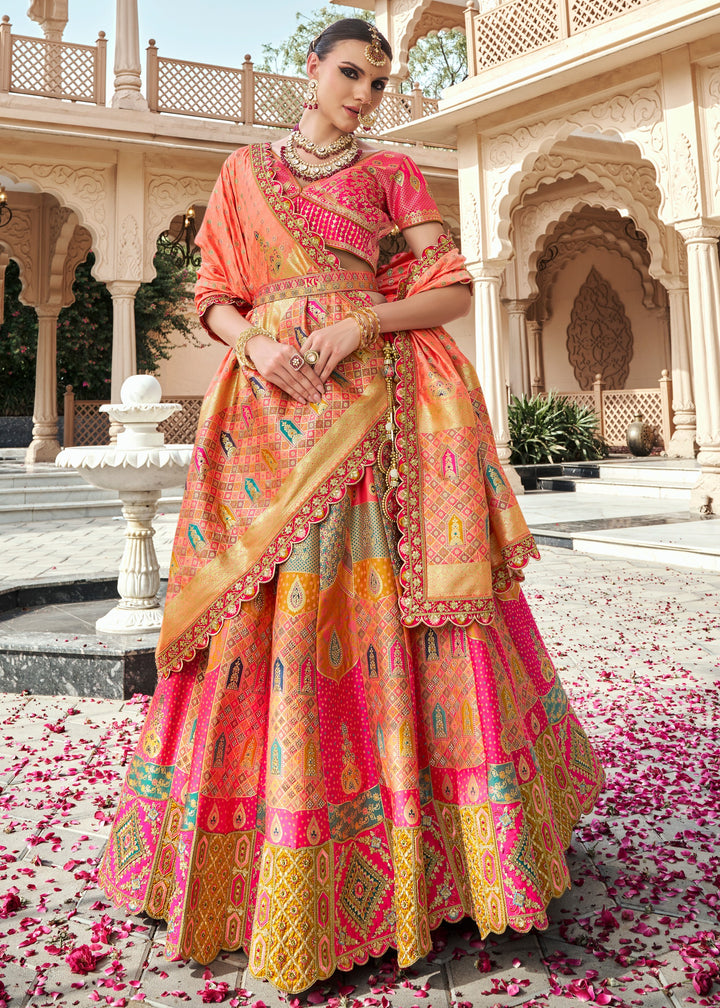 Coral Pink Banarasi Silk Lehenga with Zarkan & Cutwork