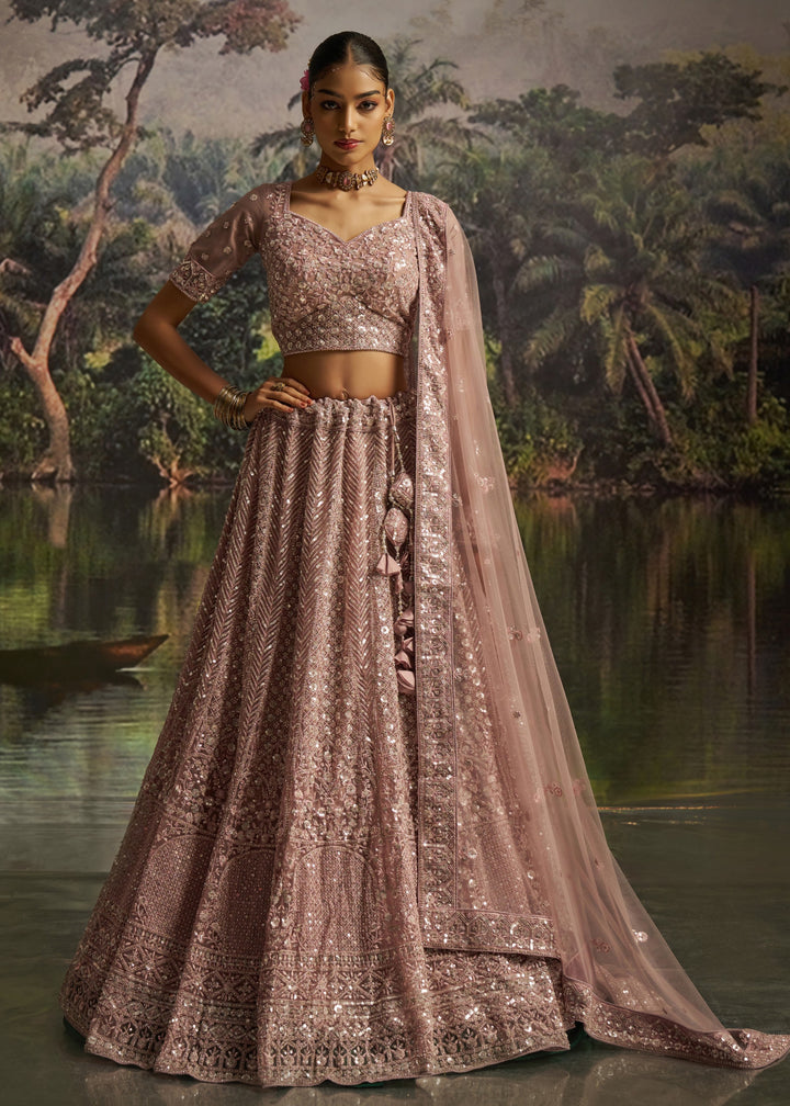 Mauve-pink Soft Net Lehenga with embroidery