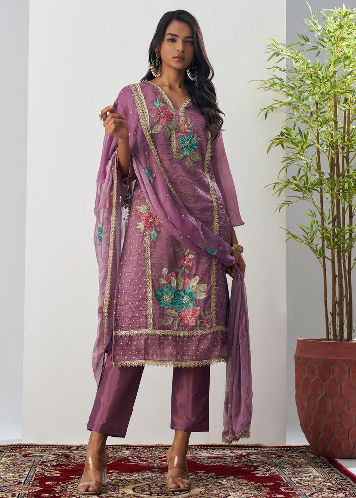 Purple Silk Pant Suit With Chiffon Dupatta