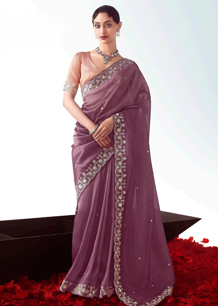 Tacao Purple Fancy Fabric Silk Saree With Hand Embroidered Work And Cut Work Border