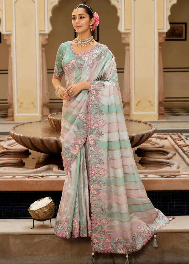 Pastel Mint Green & Pink Stripes with Floral embroidery Silk Saree