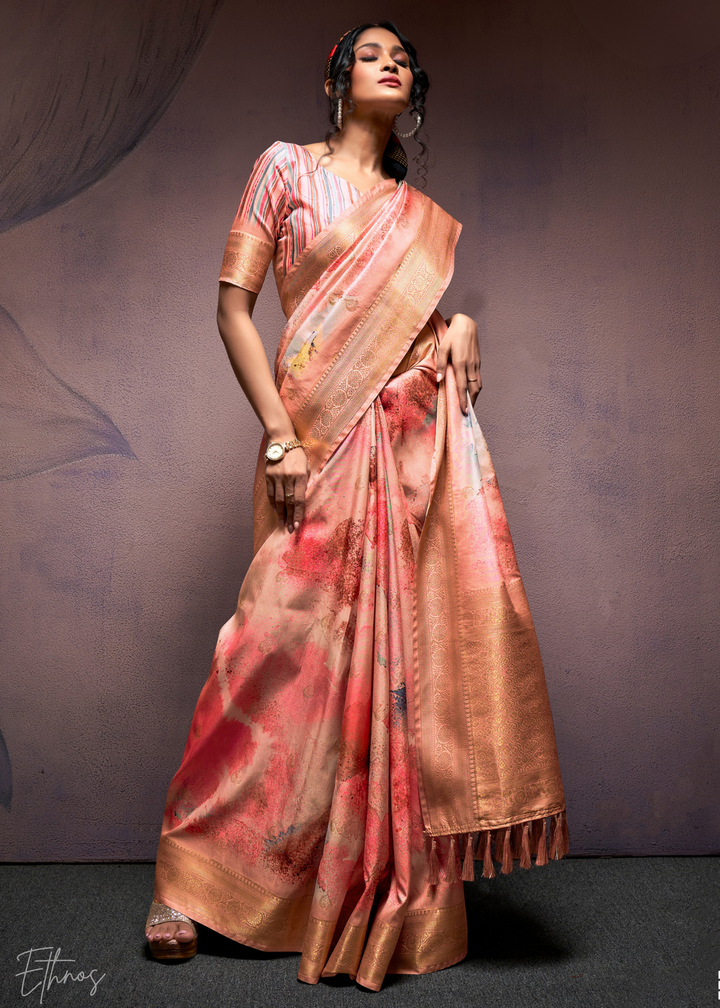 Cantaloupe Orange Handloom Weaving Silk Saree