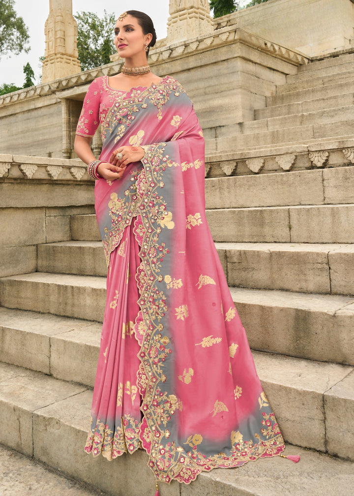 French Pink Silk Saree With Embroidery Cut and Butti Work