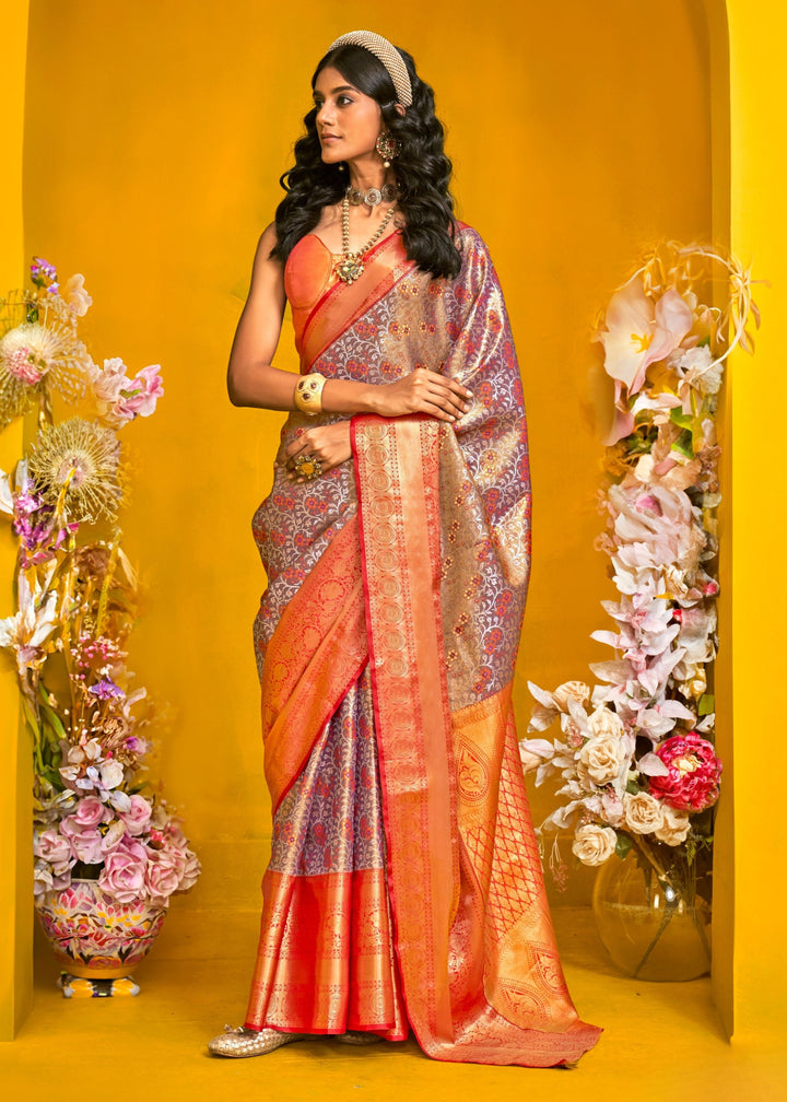 Orange And Grey Pure Dharamavaram Silk Saree