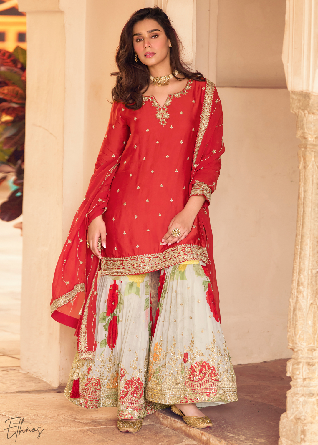 Candy Red Chinon Silk Sharara Suit