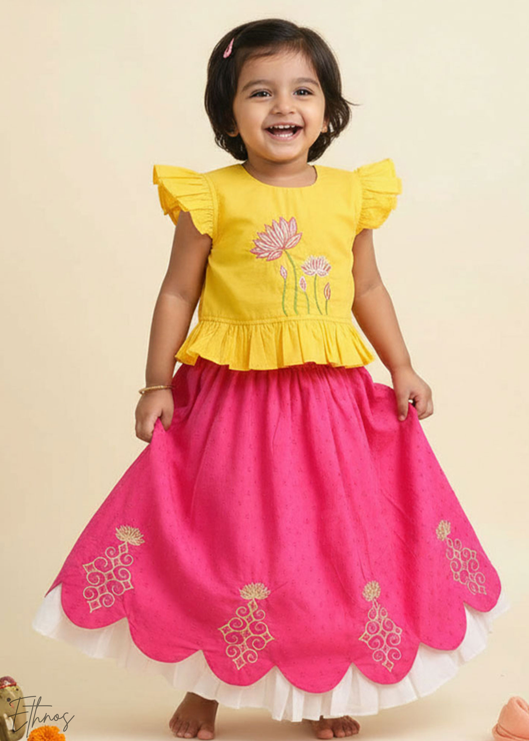 Organic Cotton Yellow and Pink Crop Top with Lehenga