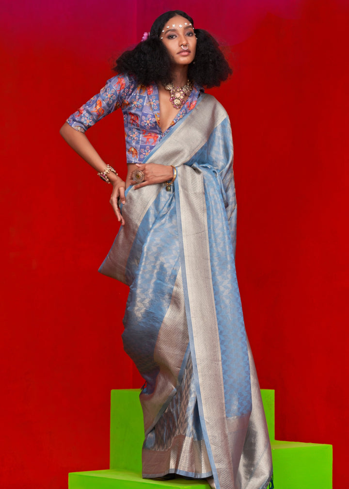 Dodger Blue Viscose Zari Tissue Silk Saree