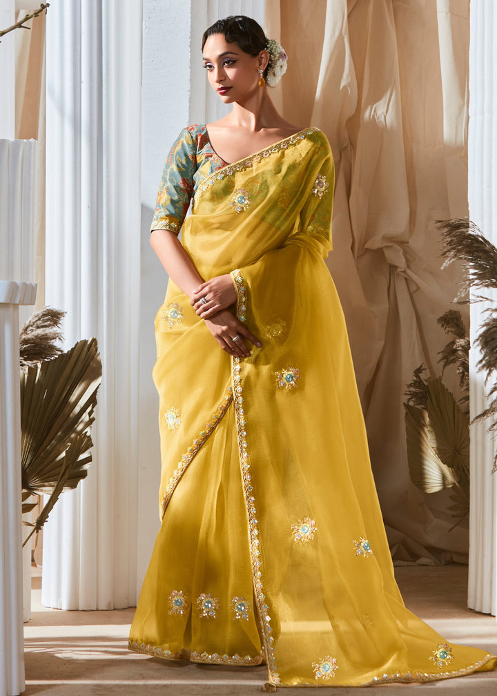 Canary Yellow Fancy Silk Saree With Printed Blouse
