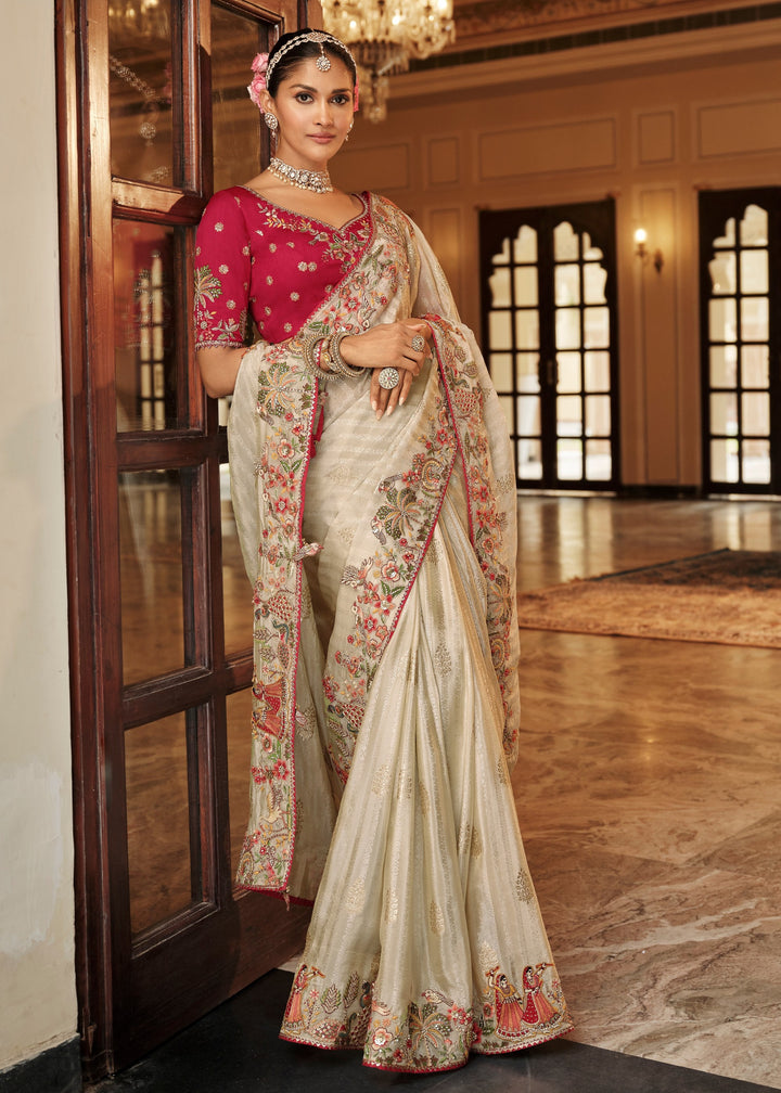 Vanila White With Pink Floral Embroidery Silk Saree