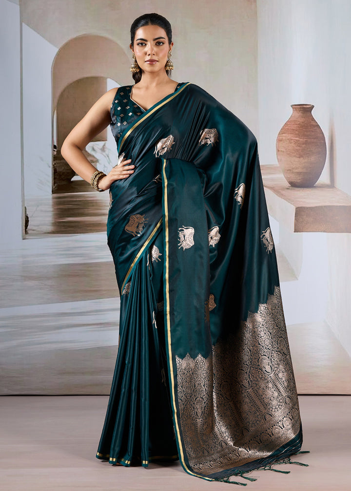 Dark Green Pure Satin Handloom Weaving Saree
